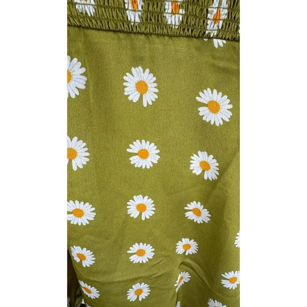 Smak Parlour Womens Green Floral Smocked Short Sleeve Flare Dress Size Medium